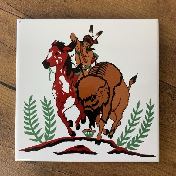 Source Unknown Other - Native American Hunter Buffalo Decorative Ceramic Tile, 6"x6" Bison Horse